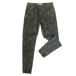 Zara Green Camouflage Jeans Split Hem With Zipper Sz 4 EUC Skinny Moto